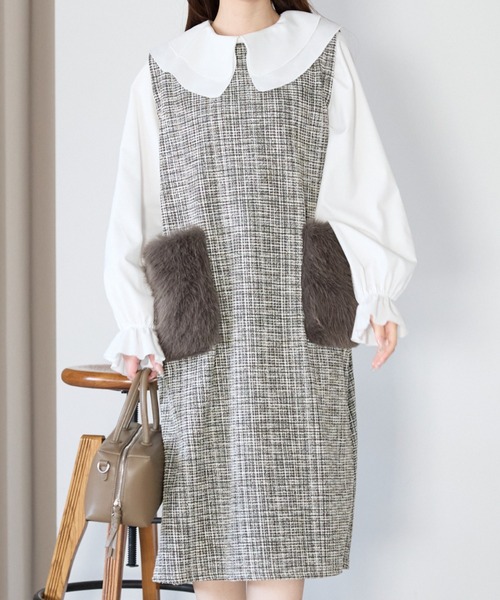 Neige(ネージュ)の「リュクスファーポケットツイードワンピース(ワンピース・レディース・ブラック/ベージュ・ONE SIZE)」の2枚目の写真