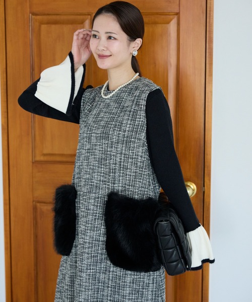 Neige(ネージュ)の「リュクスファーポケットツイードワンピース(ワンピース・レディース・ブラック/ベージュ・ONE SIZE)」の14枚目の写真