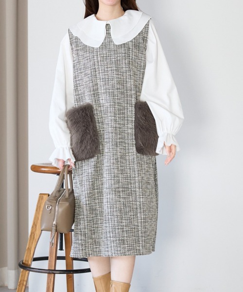Neige(ネージュ)の「リュクスファーポケットツイードワンピース(ワンピース・レディース・ブラック/ベージュ・ONE SIZE)」の4枚目の写真