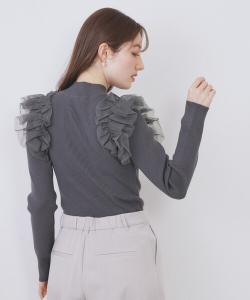 セール】ショルダーチュールフリルハイネックニット【洗濯機OK/抗ピル