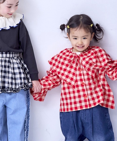 MARKEY'S（マーキーズ）の「ギンガムビッグカラーブラウス（シャツ/ブラウス・キッズ・オレンジ/ブラック/ブルー/レッド・150/120/110/100/90/140/130）」の4枚目の写真