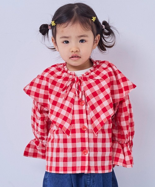 MARKEY'S（マーキーズ）の「ギンガムビッグカラーブラウス（シャツ/ブラウス・キッズ・オレンジ/ブラック/ブルー/レッド・150/120/110/100/90/140/130）」の6枚目の写真