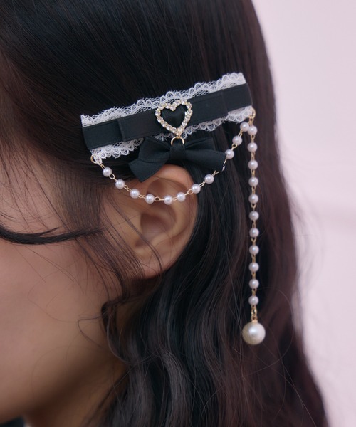パールチェーンリボンクリップセット（バレッタ/ヘアクリップ