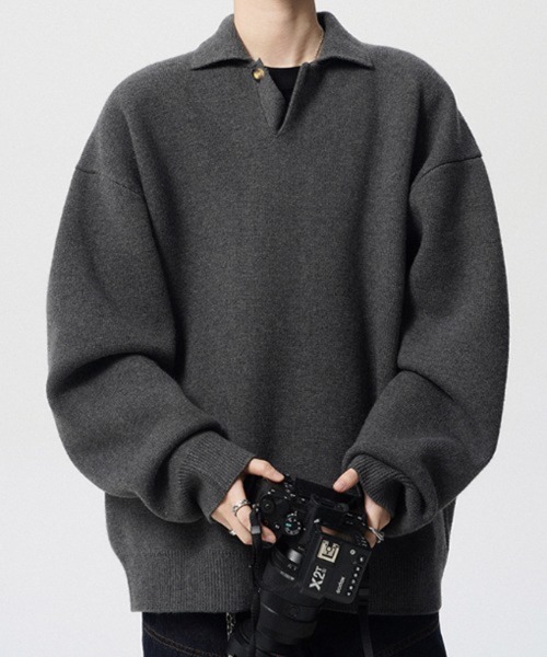 NOWLE(ノウル)の「【NOWLE】ルーズシルエット スキッパー プルオーバー ポロニット(ニット/セーター・メンズ・ダークグレー/ライトベージュ・LARGE/MEDIUM/X-LARGE/SMALL)」の3枚目の写真