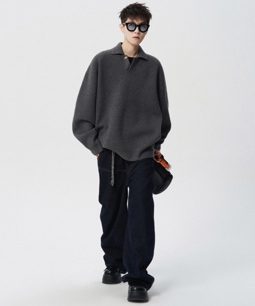 NOWLE(ノウル)の「【NOWLE】ルーズシルエット スキッパー プルオーバー ポロニット(ニット/セーター・メンズ・ダークグレー/ライトベージュ・LARGE/MEDIUM/X-LARGE/SMALL)」の4枚目の写真