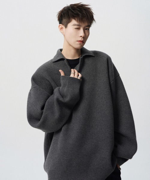 NOWLE(ノウル)の「【NOWLE】ルーズシルエット スキッパー プルオーバー ポロニット(ニット/セーター・メンズ・ダークグレー/ライトベージュ・LARGE/MEDIUM/X-LARGE/SMALL)」の7枚目の写真