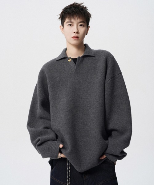 NOWLE(ノウル)の「【NOWLE】ルーズシルエット スキッパー プルオーバー ポロニット(ニット/セーター・メンズ・ダークグレー/ライトベージュ・LARGE/MEDIUM/X-LARGE/SMALL)」の8枚目の写真