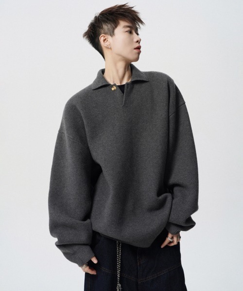 NOWLE(ノウル)の「【NOWLE】ルーズシルエット スキッパー プルオーバー ポロニット(ニット/セーター・メンズ・ダークグレー/ライトベージュ・LARGE/MEDIUM/X-LARGE/SMALL)」の9枚目の写真