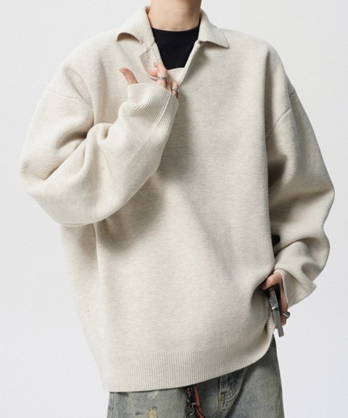 NOWLE(ノウル)の「【NOWLE】ルーズシルエット スキッパー プルオーバー ポロニット(ニット/セーター・メンズ・ダークグレー/ライトベージュ・LARGE/MEDIUM/X-LARGE/SMALL)」の11枚目の写真