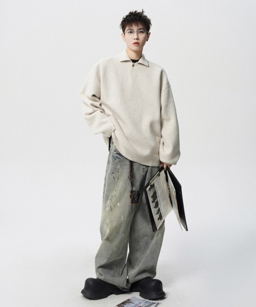 NOWLE(ノウル)の「【NOWLE】ルーズシルエット スキッパー プルオーバー ポロニット(ニット/セーター・メンズ・ダークグレー/ライトベージュ・LARGE/MEDIUM/X-LARGE/SMALL)」の12枚目の写真