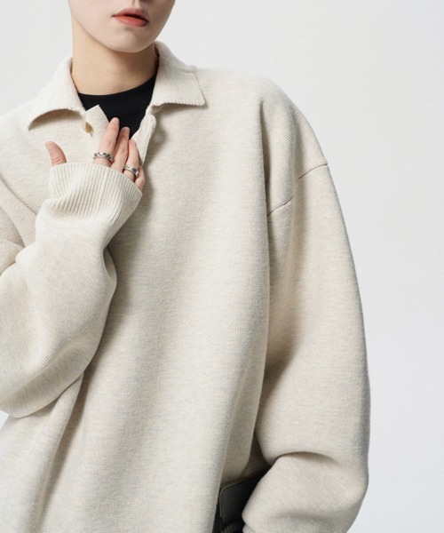NOWLE(ノウル)の「【NOWLE】ルーズシルエット スキッパー プルオーバー ポロニット(ニット/セーター・メンズ・ダークグレー/ライトベージュ・LARGE/MEDIUM/X-LARGE/SMALL)」の13枚目の写真