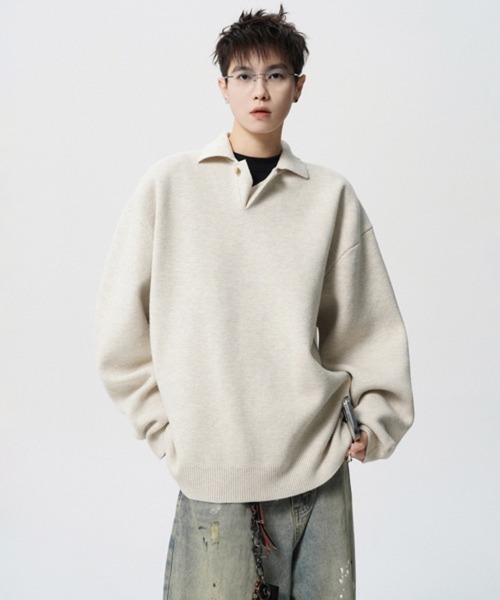 NOWLE(ノウル)の「【NOWLE】ルーズシルエット スキッパー プルオーバー ポロニット(ニット/セーター・メンズ・ダークグレー/ライトベージュ・LARGE/MEDIUM/X-LARGE/SMALL)」の15枚目の写真