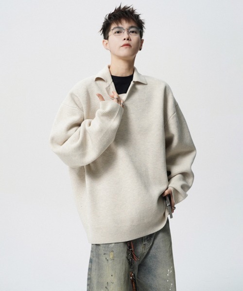 NOWLE(ノウル)の「【NOWLE】ルーズシルエット スキッパー プルオーバー ポロニット(ニット/セーター・メンズ・ダークグレー/ライトベージュ・LARGE/MEDIUM/X-LARGE/SMALL)」の16枚目の写真