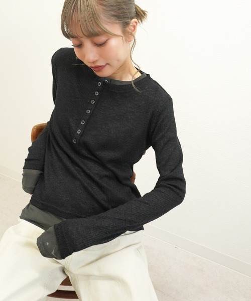 gossara(ゴサラ)の「【1枚持っておきたい】パワーネットレイヤードヘンリープルオーバー(Tシャツ/カットソー・レディース・Off White/ブラック・FREE)」の11枚目の写真