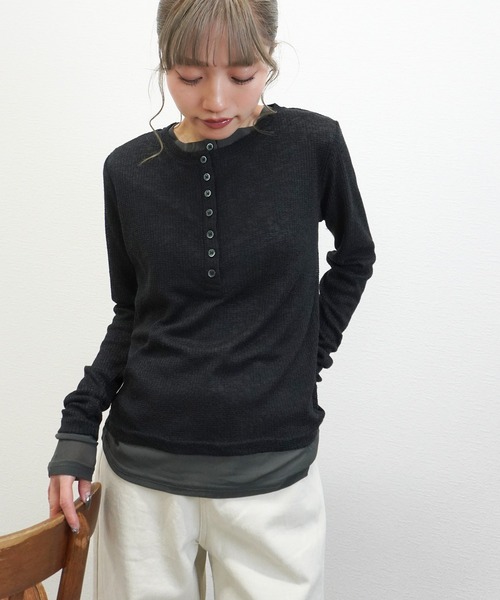 gossara(ゴサラ)の「【1枚持っておきたい】パワーネットレイヤードヘンリープルオーバー(Tシャツ/カットソー・レディース・Off White/ブラック・FREE)」の13枚目の写真