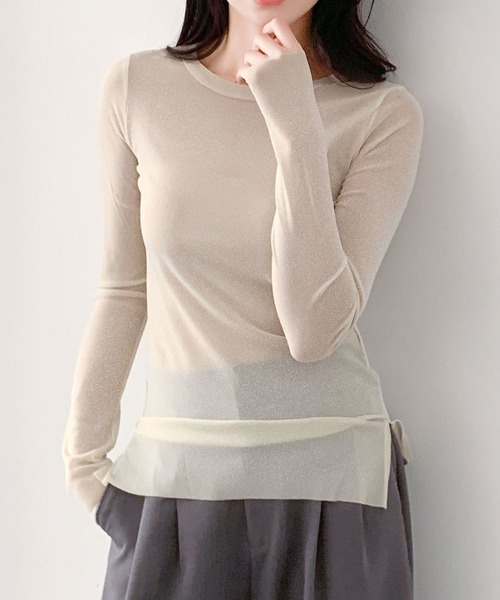 LOWO(ロワ)の「素材◎高見えラメシアートップス 長袖 インナー シースルー(Tシャツ/カットソー・レディース・アイボリー/ホワイト/ブラウン/チャコールグレー/ブラック・M/L)」の3枚目の写真