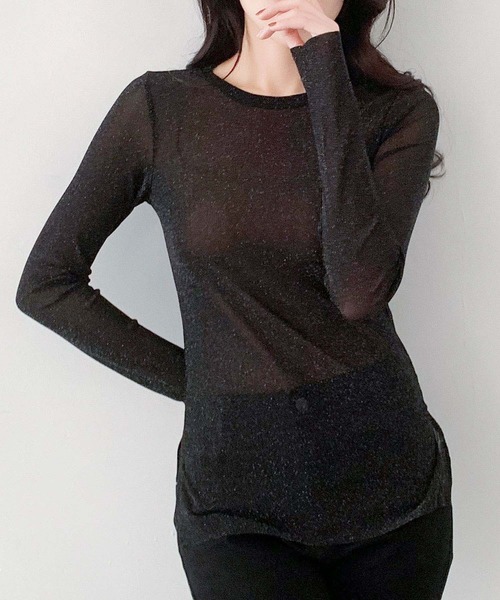 LOWO(ロワ)の「素材◎高見えラメシアートップス 長袖 インナー シースルー(Tシャツ/カットソー・レディース・アイボリー/ホワイト/ブラウン/チャコールグレー/ブラック・M/L)」の4枚目の写真