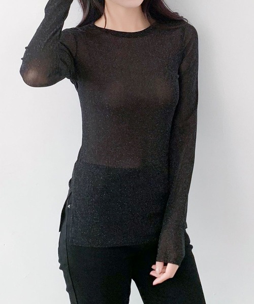 LOWO(ロワ)の「素材◎高見えラメシアートップス 長袖 インナー シースルー(Tシャツ/カットソー・レディース・アイボリー/ホワイト/ブラウン/チャコールグレー/ブラック・M/L)」の22枚目の写真