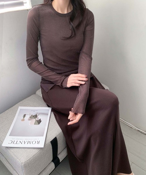 LOWO(ロワ)の「素材◎高見えラメシアートップス 長袖 インナー シースルー(Tシャツ/カットソー・レディース・アイボリー/ホワイト/ブラウン/チャコールグレー/ブラック・M/L)」の21枚目の写真