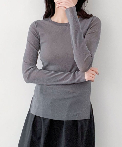 LOWO(ロワ)の「素材◎高見えラメシアートップス 長袖 インナー シースルー(Tシャツ/カットソー・レディース・アイボリー/ホワイト/ブラウン/チャコールグレー/ブラック・M/L)」の20枚目の写真