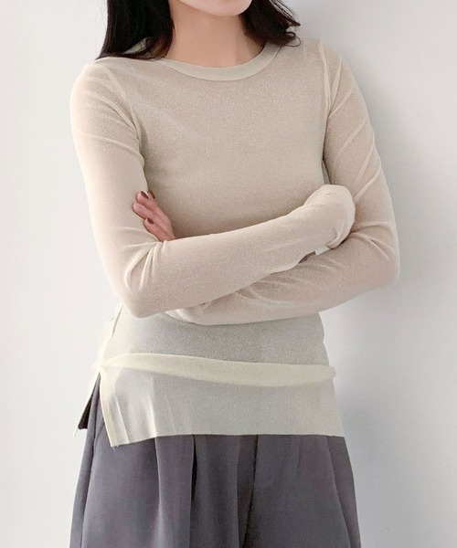 LOWO(ロワ)の「素材◎高見えラメシアートップス 長袖 インナー シースルー(Tシャツ/カットソー・レディース・アイボリー/ホワイト/ブラウン/チャコールグレー/ブラック・M/L)」の18枚目の写真