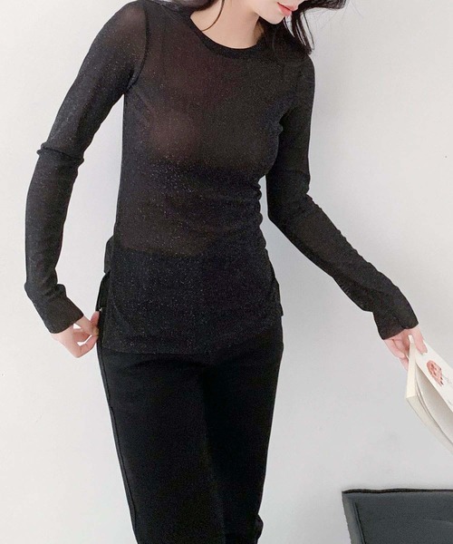 LOWO(ロワ)の「素材◎高見えラメシアートップス 長袖 インナー シースルー(Tシャツ/カットソー・レディース・アイボリー/ホワイト/ブラウン/チャコールグレー/ブラック・M/L)」の16枚目の写真