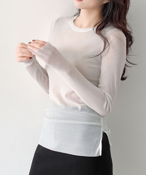 LOWO(ロワ)の「素材◎高見えラメシアートップス 長袖 インナー シースルー(Tシャツ/カットソー・レディース・アイボリー/ホワイト/ブラウン/チャコールグレー/ブラック・M/L)」の14枚目の写真