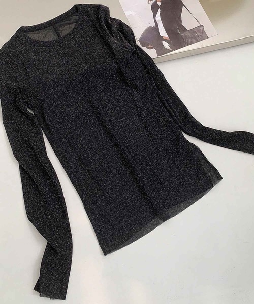 LOWO(ロワ)の「素材◎高見えラメシアートップス 長袖 インナー シースルー(Tシャツ/カットソー・レディース・アイボリー/ホワイト/ブラウン/チャコールグレー/ブラック・M/L)」の8枚目の写真
