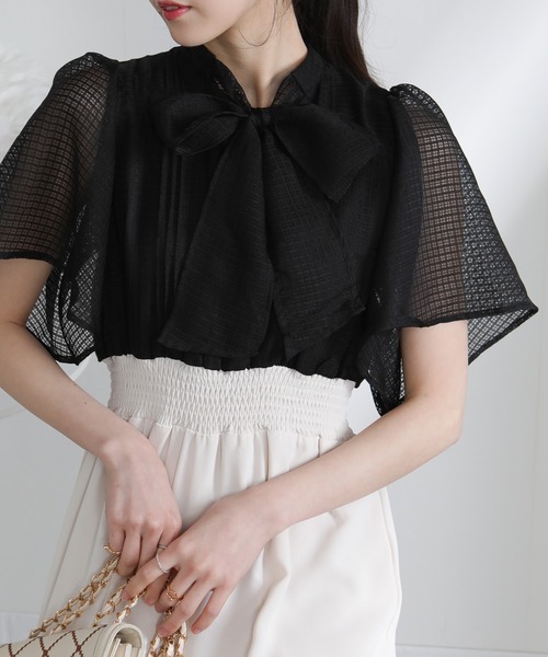 pumpkin port(パンプキンポート)の「リボンボウタイ シアーチェック フレア袖 ドッキングワンピース(ワンピース・レディース・グレー/ブラック/アイボリー・M/L)」の15枚目の写真