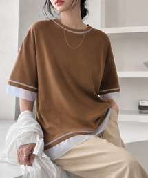 Java（ジャバ）の「《JaVa ジャバコラボ》異素材ミックスで魅せる、大人のこなれ感。チュールドッキング配色ステッチトップス(半袖)（Tシャツ/カットソー）」