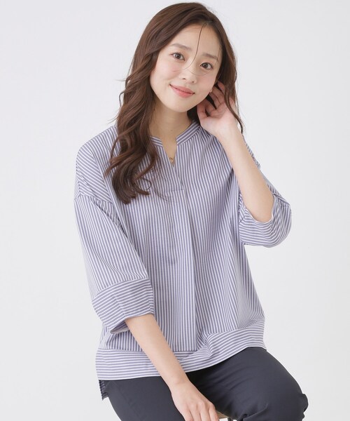 COUP DE CHANCE(クードシャンス)の「【手洗い可/日本製】ストライプ柄ジャージートップス(Tシャツ/カットソー・レディース・ブルー系その他4/ネイビー系2/ライトグレー系2/ベージュ系その他6・36/38/40/34)」の4枚目の写真