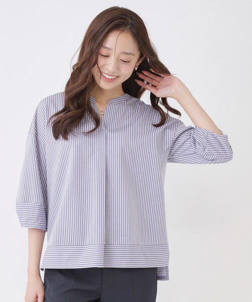 COUP DE CHANCE(クードシャンス)の「【手洗い可/日本製】ストライプ柄ジャージートップス(Tシャツ/カットソー・レディース・ブルー系その他4/ネイビー系2/ライトグレー系2/ベージュ系その他6・36/38/40/34)」の11枚目の写真