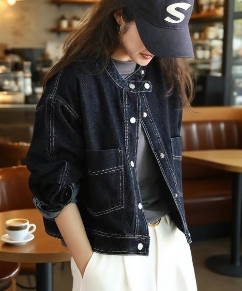 semplice(センプリチェ)の「スタンドカラー デニムジャケット(デニムジャケット・レディース・ブルー・M/S)」の1枚目の写真