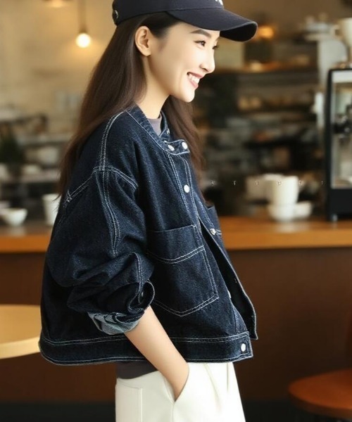semplice(センプリチェ)の「スタンドカラー デニムジャケット(デニムジャケット・レディース・ブルー・M/S)」の2枚目の写真