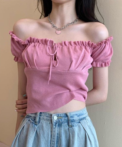 SallyLunn(サリーラン)の「【2WAYで楽しめる】デコルテフリルシャーリングトップス(Tシャツ/カットソー・レディース・ホワイト/ブラック/ピンク/ブルー・FREE)」の13枚目の写真