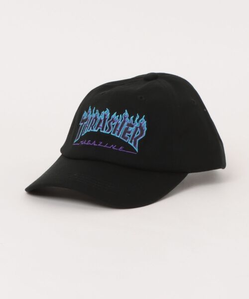 THRASHER(スラッシャー)の「FLAME LOGO YOUTH 6P CAP/スラッシャー・フレームロゴ・ベースボールキャップ(キャップ・キッズ・ブラック系その他/ブラック×パープル/ブラック×グリーン・FREE)」の2枚目の写真