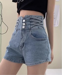 サイドレースアップハイウエストデニムショートパンツ