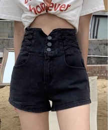 サイドレースアップハイウエストデニムショートパンツ