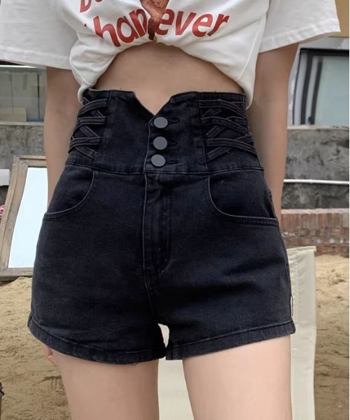 &soiree(アンドソワレ)の「サイドレースアップハイウエストデニムショートパンツ(デニムパンツ・レディース・ブルー/ブラック・X-SMALL/SMALL/MEDIUM/LARGE/X-LARGE)」の1枚目の写真