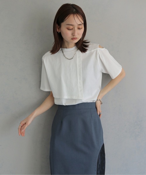 &g'aime(アンジェム)の「【&g'aime 】ケープレイヤードトップス Cape Layered Top(Tシャツ/カットソー・レディース・ブラック/オフホワイト・FREE)」の1枚目の写真