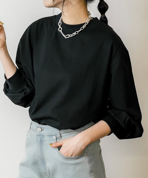 MARAI(マーライ)の「モックネックボリューム袖ロンT コットン100%(Tシャツ/カットソー・レディース・ブラック/オフホワイト・M~L/4L~5L/LL~3L)」の7枚目の写真