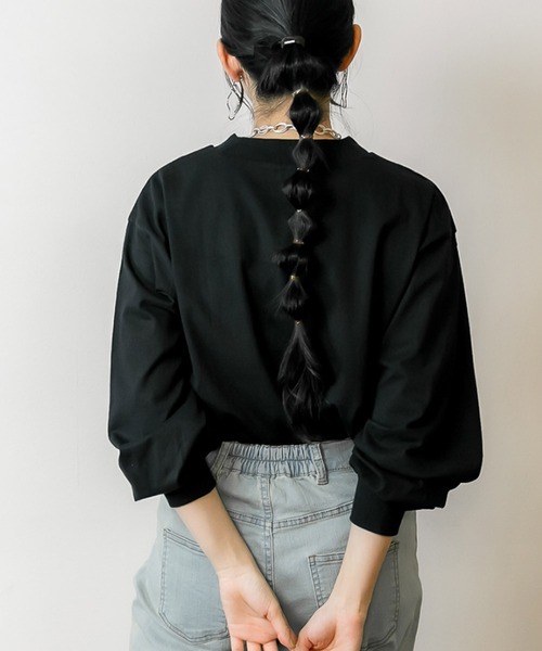 MARAI(マーライ)の「モックネックボリューム袖ロンT コットン100%(Tシャツ/カットソー・レディース・ブラック/オフホワイト・M~L/4L~5L/LL~3L)」の6枚目の写真