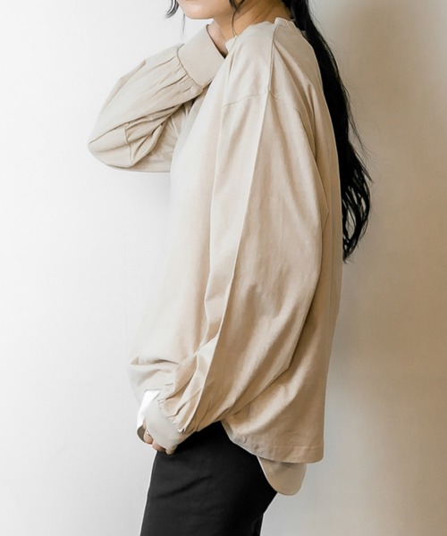 MARAI(マーライ)の「モックネックボリューム袖ロンT コットン100%(Tシャツ/カットソー・レディース・ブラック/オフホワイト・M~L/4L~5L/LL~3L)」の4枚目の写真