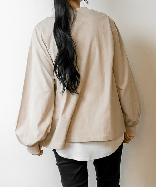 MARAI(マーライ)の「モックネックボリューム袖ロンT コットン100%(Tシャツ/カットソー・レディース・ブラック/オフホワイト・M~L/4L~5L/LL~3L)」の3枚目の写真