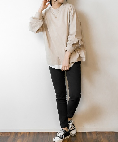MARAI(マーライ)の「モックネックボリューム袖ロンT コットン100%(Tシャツ/カットソー・レディース・ブラック/オフホワイト・M~L/4L~5L/LL~3L)」の14枚目の写真