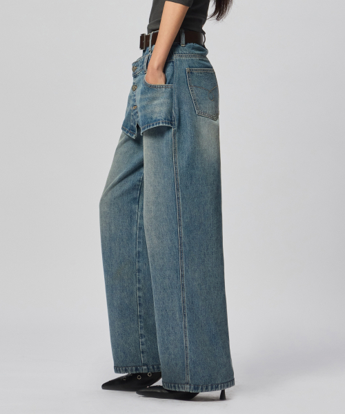 Verdnt（バーダント）の「ボタンスカートレイヤードデニムパンツ[ダークブルー]（デニムパンツ・レディース・その他・SMALL/MEDIUM）」の2枚目の写真