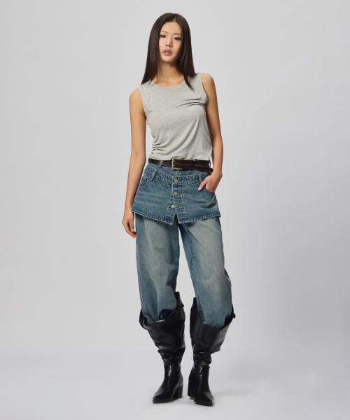 Verdnt（バーダント）の「ボタンスカートレイヤードデニムパンツ[ダークブルー]（デニムパンツ・レディース・その他・SMALL/MEDIUM）」の3枚目の写真