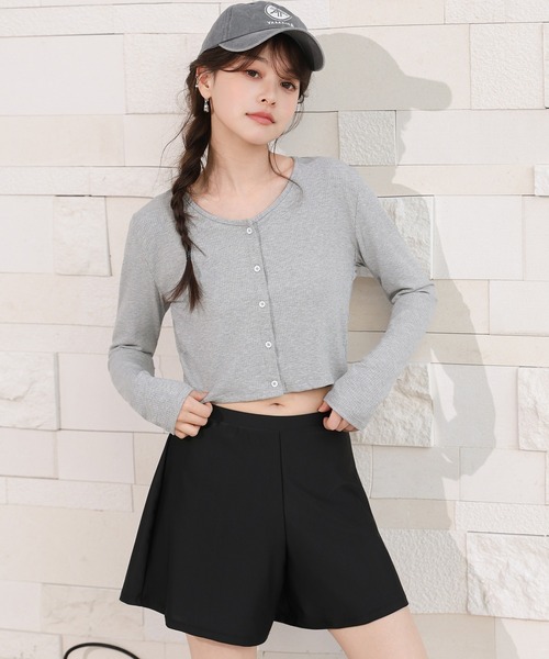 TeddyShop（テディショップ）の「【クロップド丈/インパン付き】長袖リブショートカーディガン+ビスチェ風クロスデザインビキニ 上下3点セット レディース水着（水着・レディース・ブラック系その他/ダークブラウン/マスタード・S/M/L/LL）」の4枚目の写真