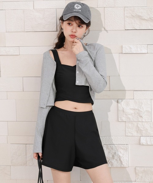 TeddyShop（テディショップ）の「【クロップド丈/インパン付き】長袖リブショートカーディガン+ビスチェ風クロスデザインビキニ 上下3点セット レディース水着（水着・レディース・ブラック系その他/ダークブラウン/マスタード・S/M/L/LL）」の7枚目の写真