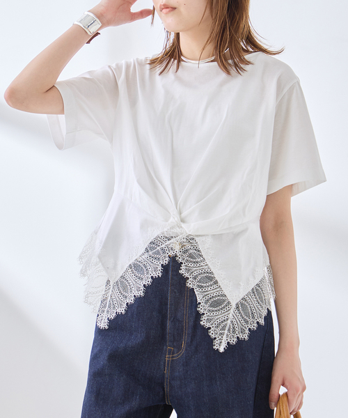 journal standard L'essage(ジャーナルスタンダードレサージュ)の「レーストップスTシャツ(Tシャツ/カットソー・レディース・ホワイト/ブラック・FREE)」の2枚目の写真